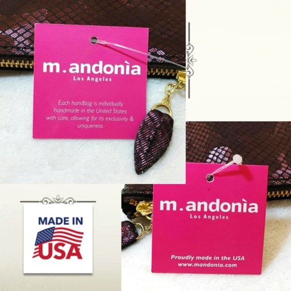 m. andonia Genuine Leather Mini Bag Pouch Grey Pink Red Metallic Zip Leaf Pull - Picture 8 of 11
